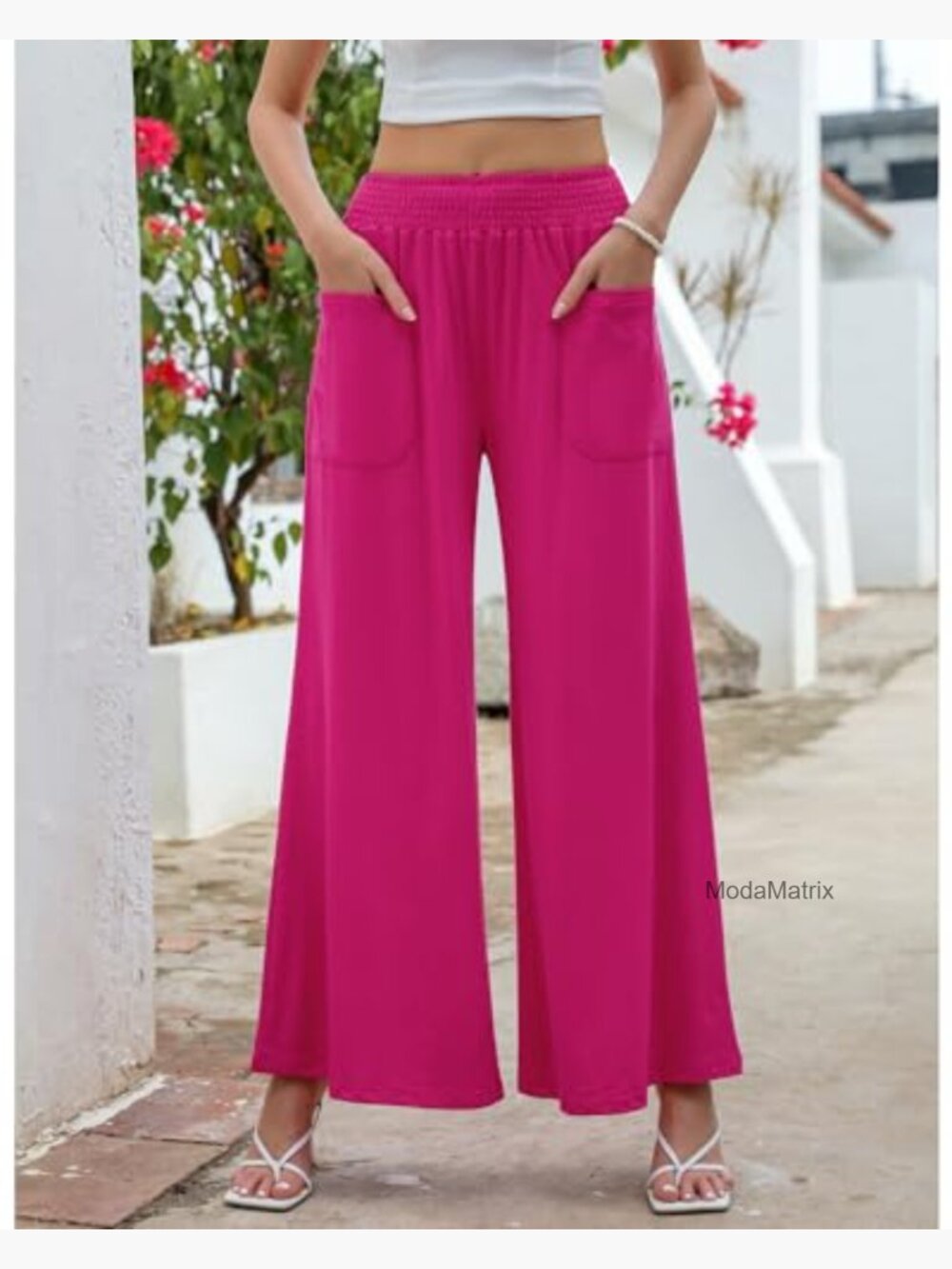 Wide Leg Palazzo Pants High Waisted Smocked Elastic Waist Bell Bottom Baggy - Picture 2 of 7